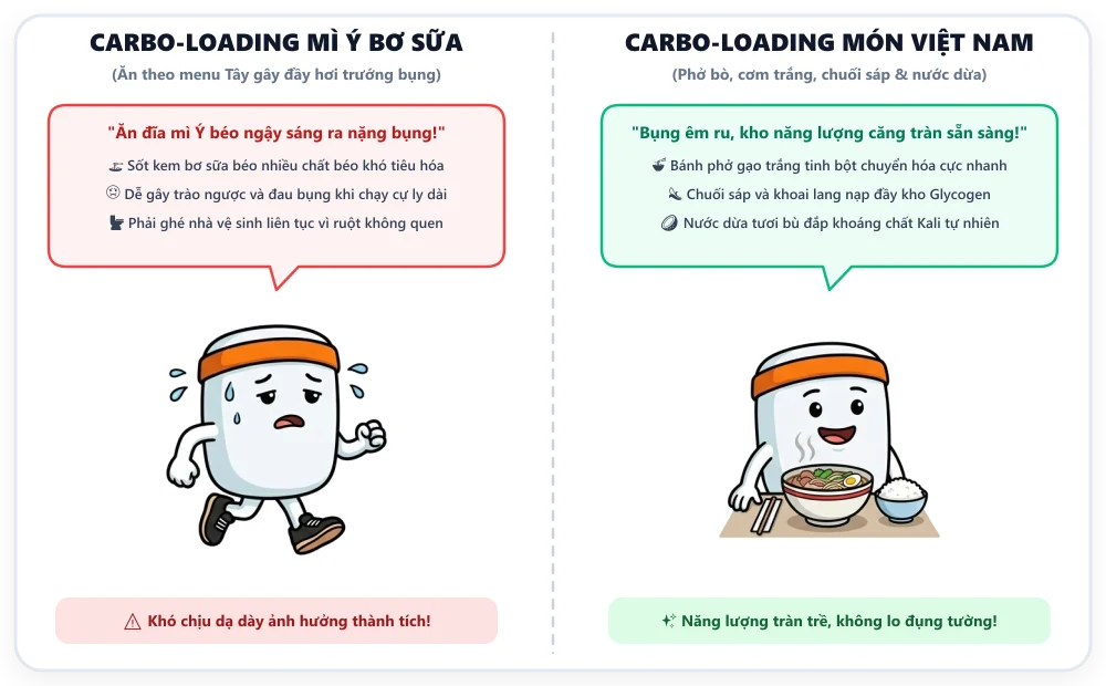 Biếm họa: Carbo-loading mì Ý Tây trướng bụng vs Phở cơm trắng chuối Việt Nam êm ru