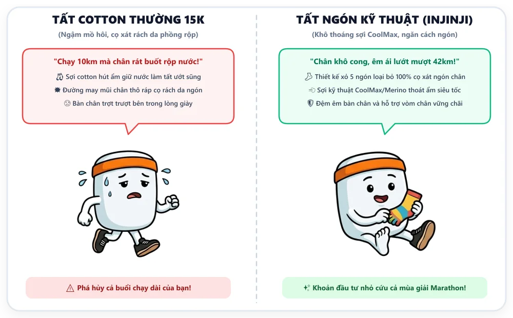Biếm họa: Tất cotton ngậm nước phồng rộp vs Tất kỹ thuật xỏ ngón khô thoáng êm ái