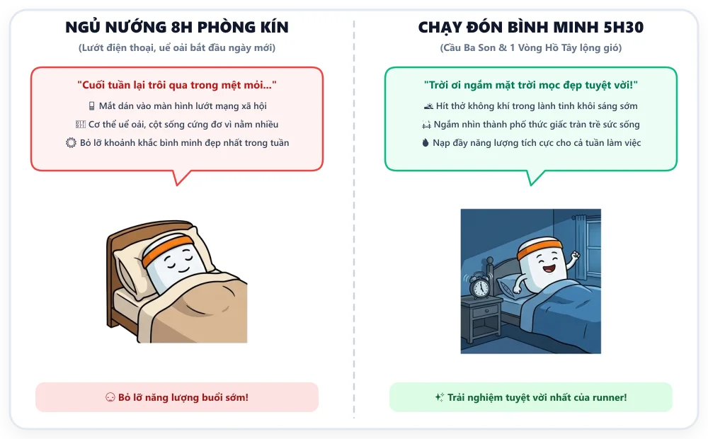 Biếm họa: Ngủ nướng 9h phòng kín uể oải vs Chạy đón bình minh 5h30 tràn trề năng lượng