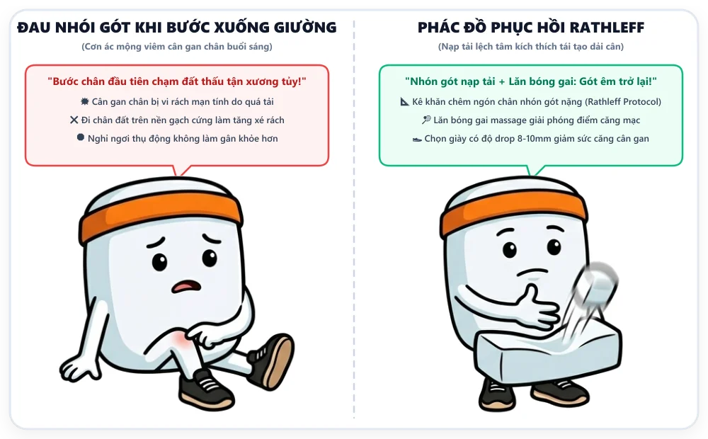 Minh họa viêm cân gan chân đau nhói gót chân ở vận động viên chạy bộ